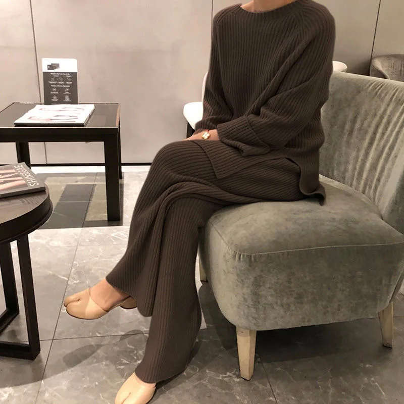 Women Homewear Pajamas Sets Long Sleeve Sweater+Pants Knitted Pullover Top Straight Pants Casual Autumn Warm Loungewear Loose