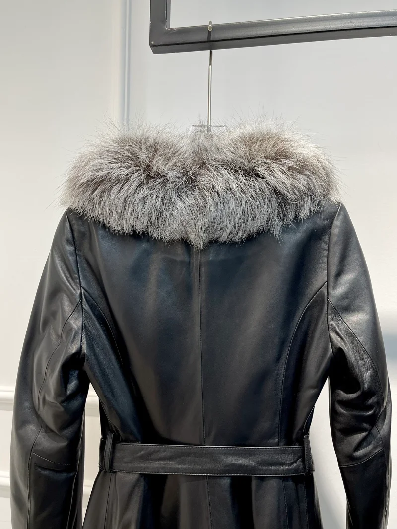 Black unisex Leather Jacket with Belt Warming Cool Style Ladies Clothes 2022 New Winter Autumn