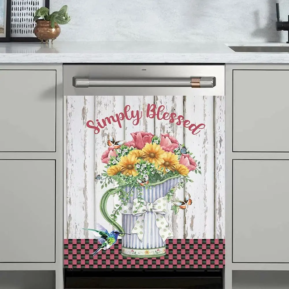 

Spring Flower Bird Sticker Dishwasher Cover,Simply Blessed Flower Fridge Magnet Panel,Wood Painting Refrigerator Magnetic Cabine