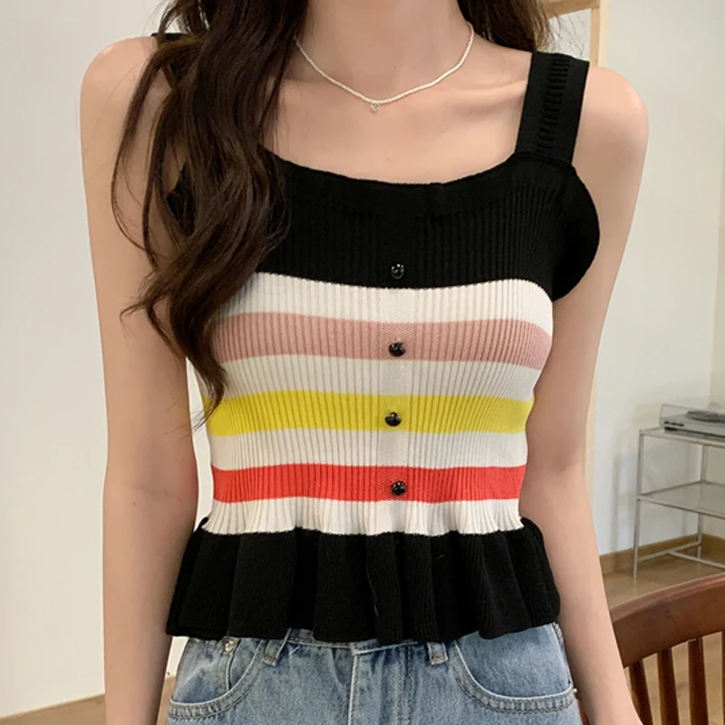 

Square Neck Fungus Edge Wave Small Button Fashion Striped Summer Women'S Sleeveless All-Match Knitted Beautiful Suspender Top
