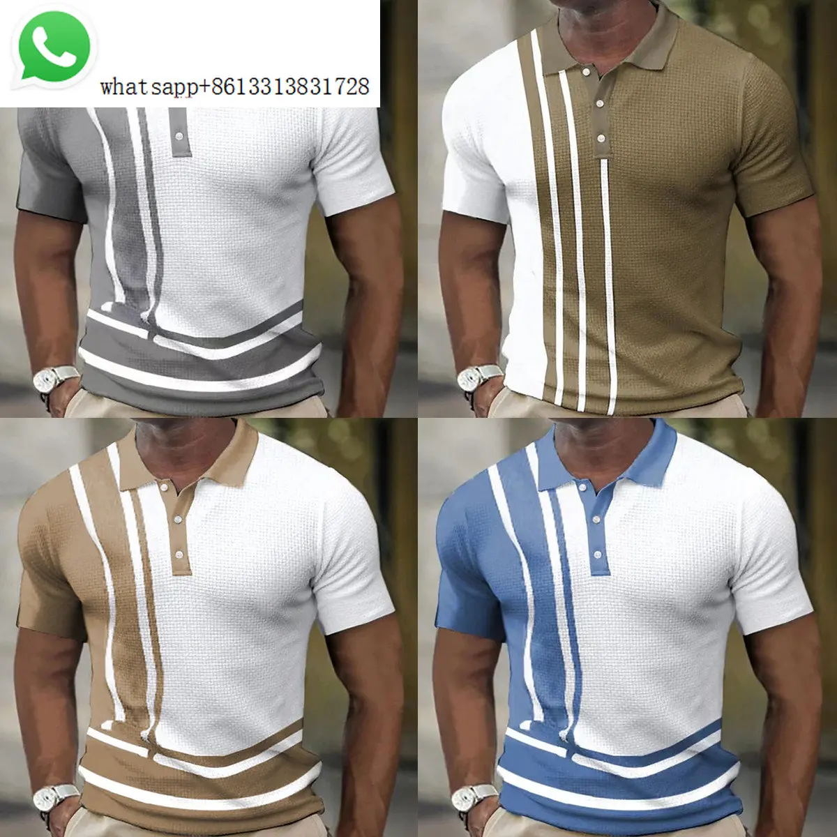 T-shirt 2023 summer new European and American men's polo shirt short sleeve color match striped button Waffle T-shirt