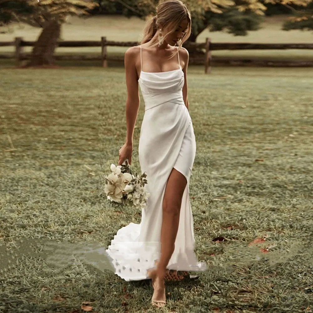 

Simple Sexy Wedding Dress Boho Mermaid Bridal Dress High Slit Straps Backless Elegant Spaghetti straps Vestidos De Noiva 2022