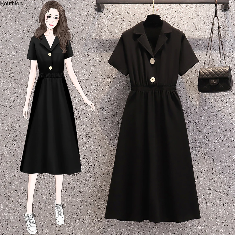 

Houthion Women's Dress Draw Back Solid Color Short Sleeve Suit Collar Fashion New Large Size 2021 Summer