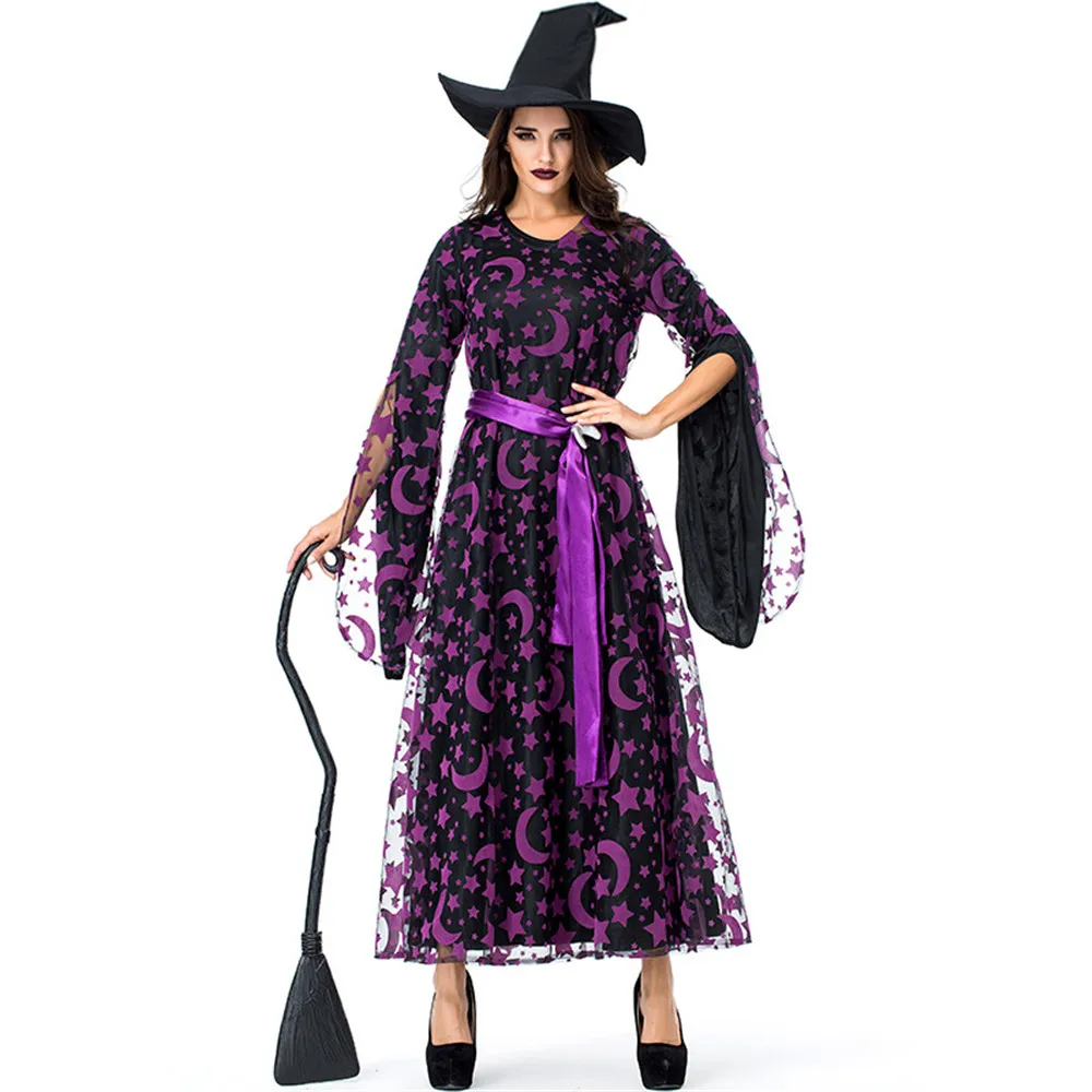 

Хэллоуин фиолетовая звезда и луна волшебная ведьма Клубная вечеринка ведьмы игровая одежда костюм для родителей и детей