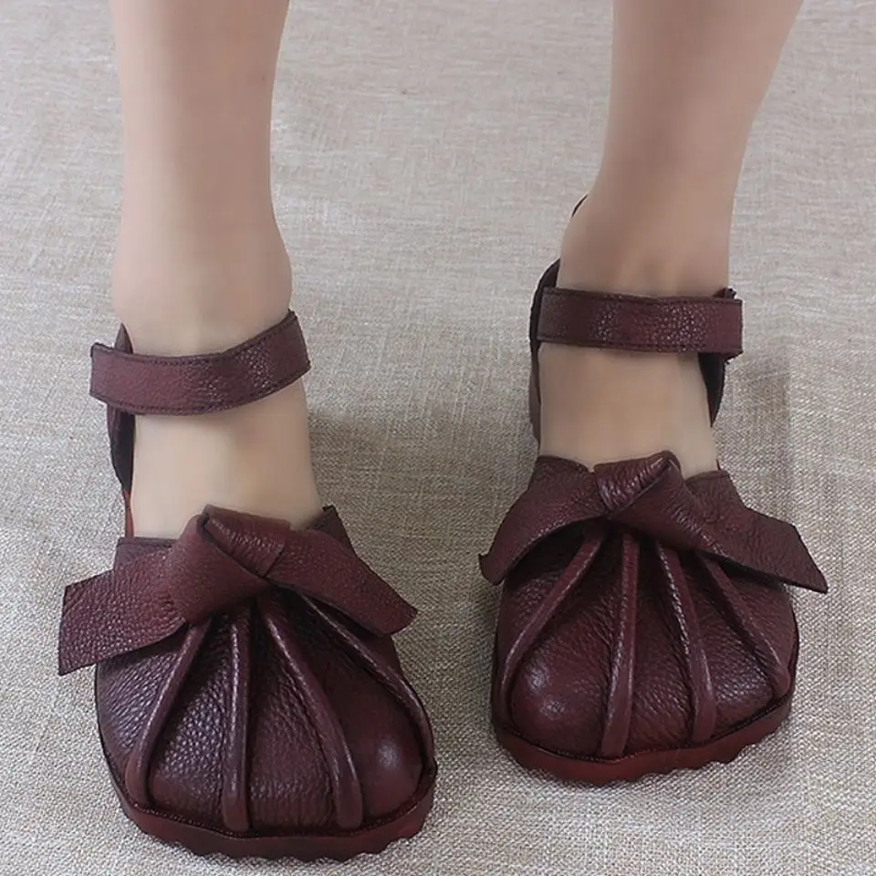 Women Retro Sandals Summer Pu Leather Breathe Comfort Ladies FlatsSlip On Black Mom Shoes Fashion Sandalias De Mujer