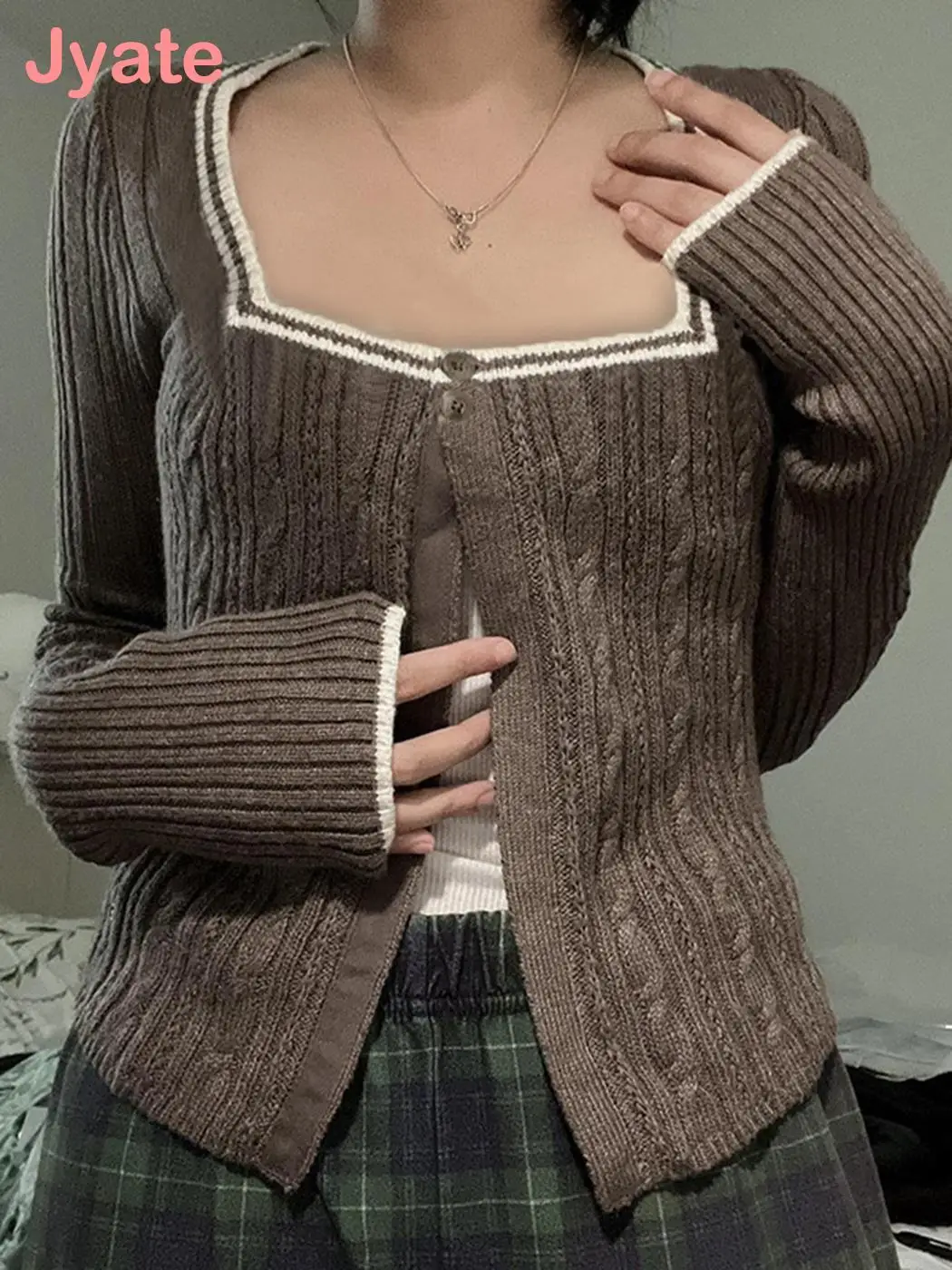 

Jyate Knit Striped Patchwork Cardigans Vintage Square Collar Brown Autumn Chic Outfits Fairycore Long Sleeves Cute Tops Y2K