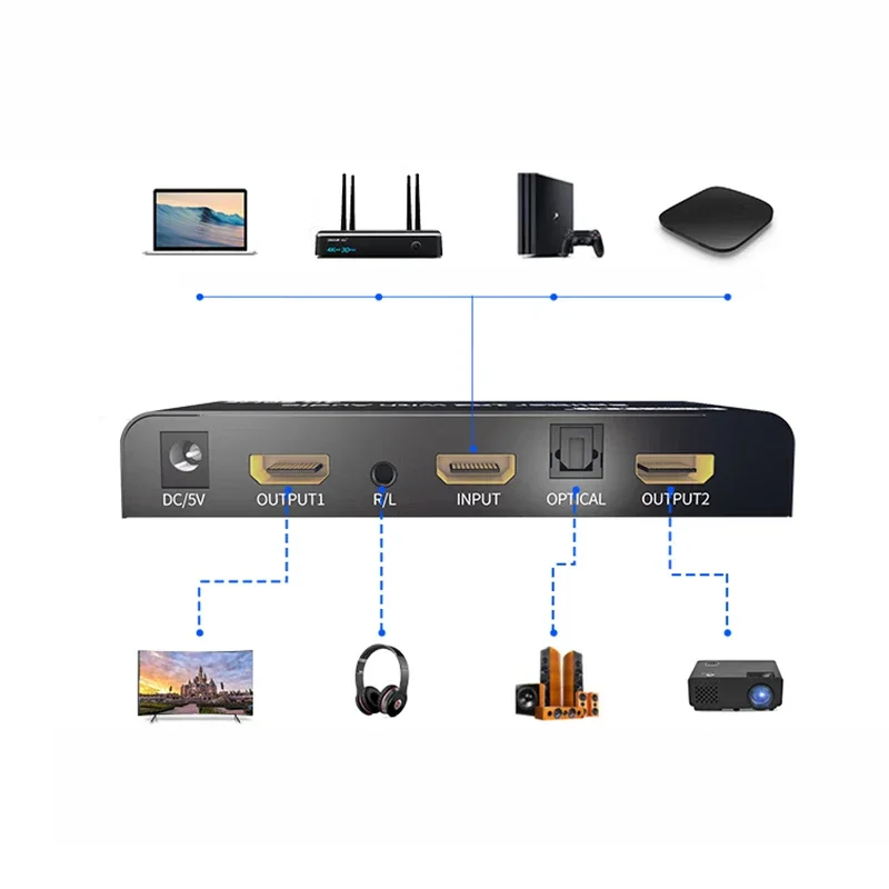 Фото Разветвитель HDMI 4K, 60 Гц, аудиоэкстрактор, разветвитель 1x2, переключатель HDMI 1 в 2, с оптическим Toslink + аудиовыходом 3,5 мм для PS5/4 PC TV №5