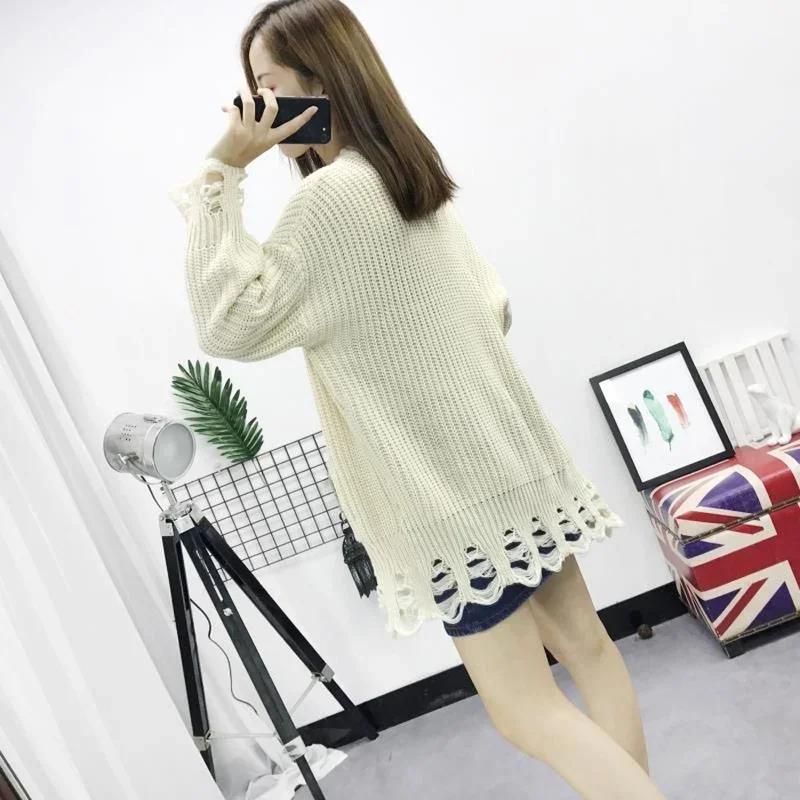 Женское пальто модный вязаный кардиган в Корейском стиле рваный топ свитер