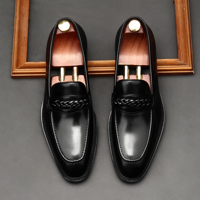 

Classic Style Men Loafers Shoes Black Brown Elegant Men Dress Shoes Pointed Toe Office Wedding Genuine Leather Formal Shoes Men