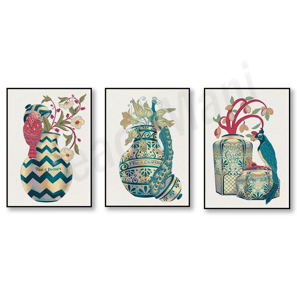 Мексиканская керамика Искусство павлина с цветком цукини клюквы и гибискуса