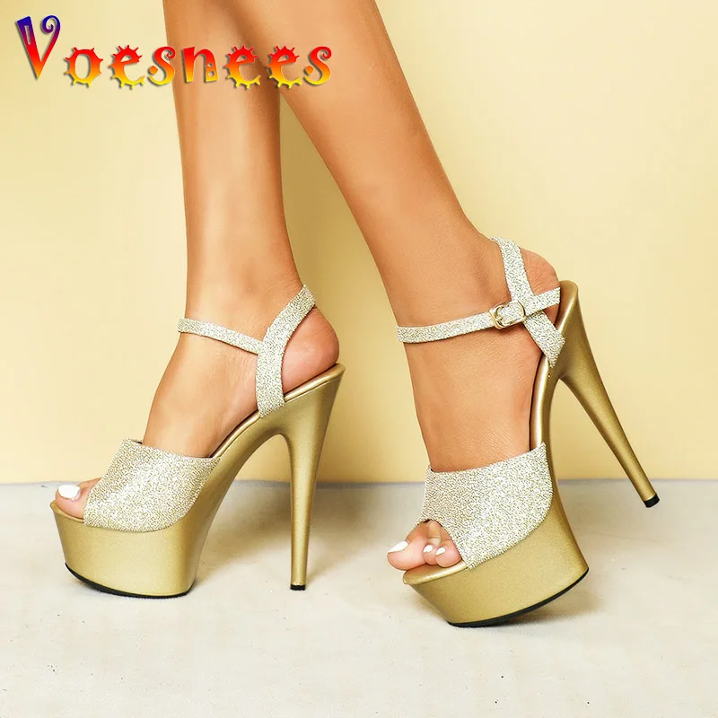 

Женские босоножки с ремешком на щиколотке, туфли-лодочки на тонком высоком каблуке 15 см, обувь для выступлений, дизайн с золотыми блестками, лето
