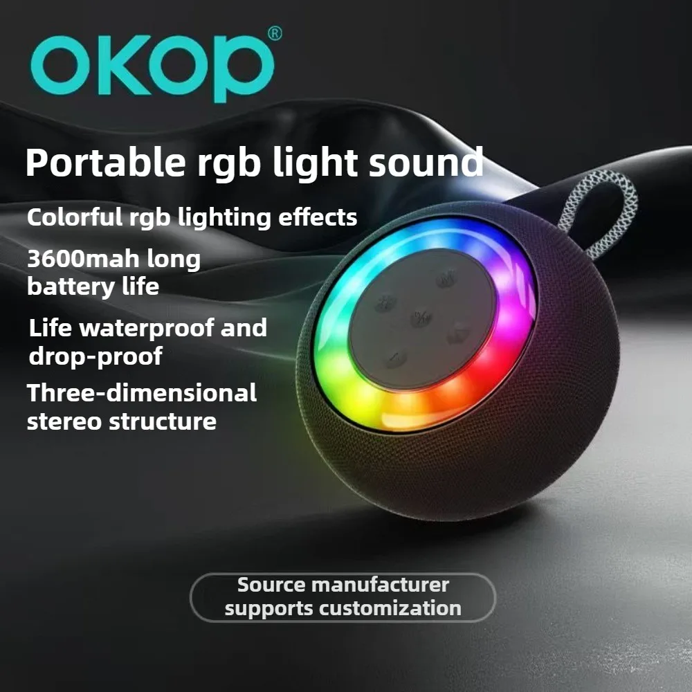 Фото Bluetooth-динамик OKOP, портативный уличный RGB окружающий свет, сверхдлительный срок службы батареи, небольшой настольный динамик, функция вызова TWS №2