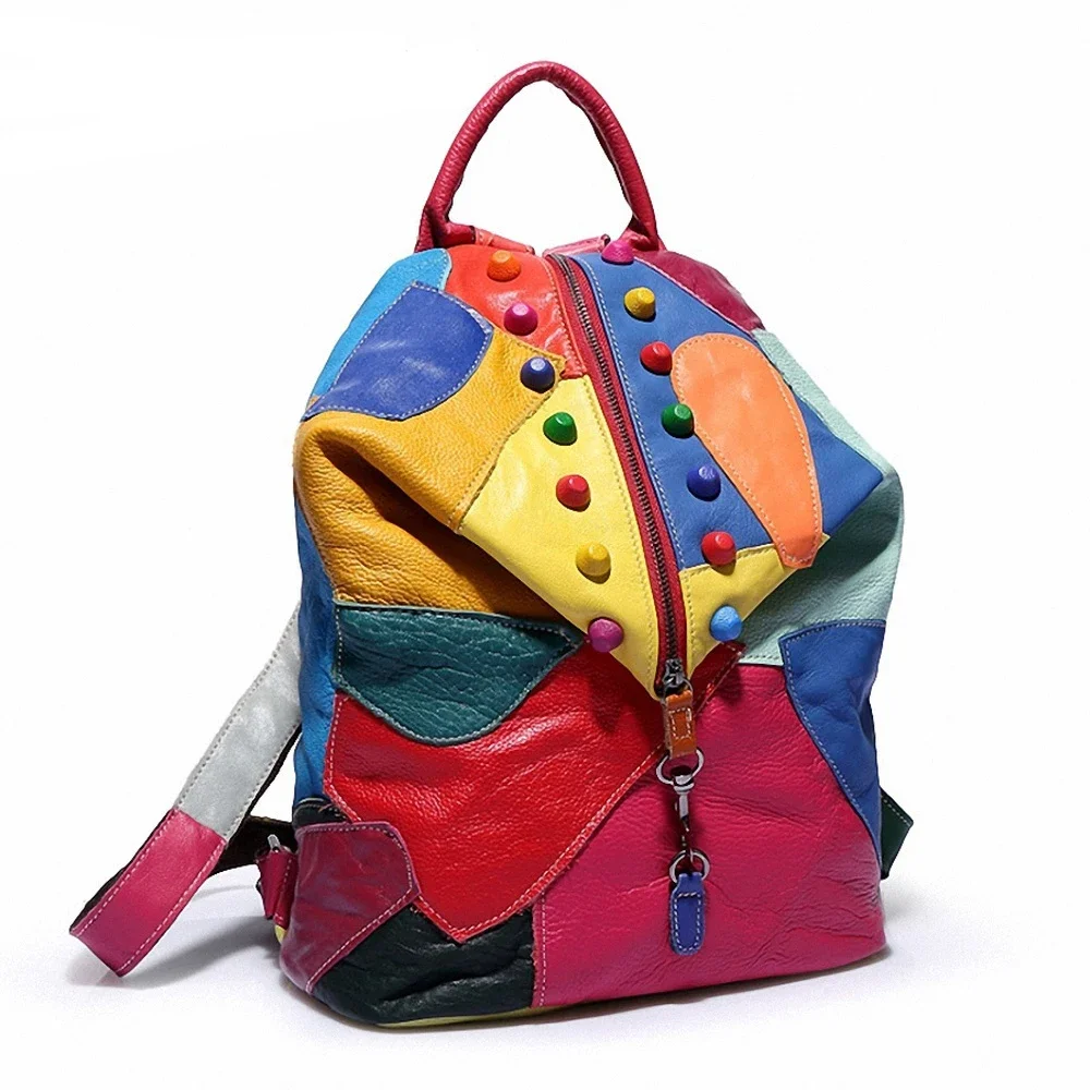 

Genuine Leather Women's Backpack Sheepskin Backpack Colorful Stitching Shopping Bag Women's Backpack 2023 New Trend Girls Gift