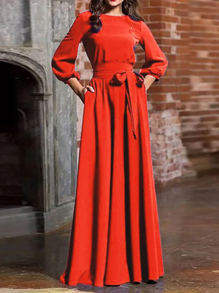 

Elegant Dresses Women Bohemia Pleated Slim Maxi Dress Long Sleeve O Neck Belt Solid Color Evening Prom Party Gown 2022 Spring