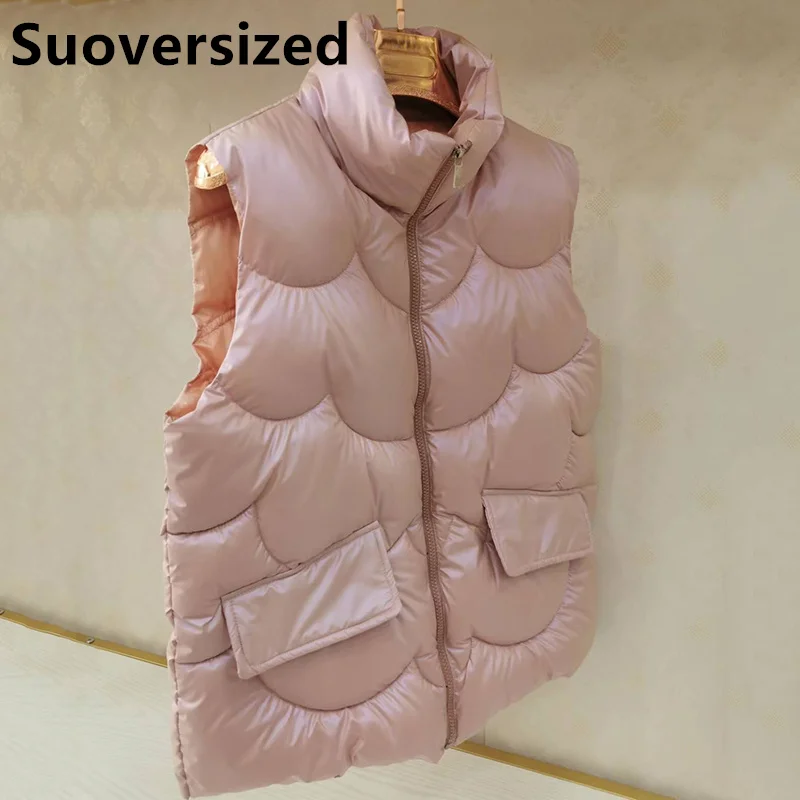

Women Glossy Thick Down Cotton Waistcoat Fall Winter Puffy Oversized Pink Sleeveless Jackets Korean Casual Warm Snowwear Vests