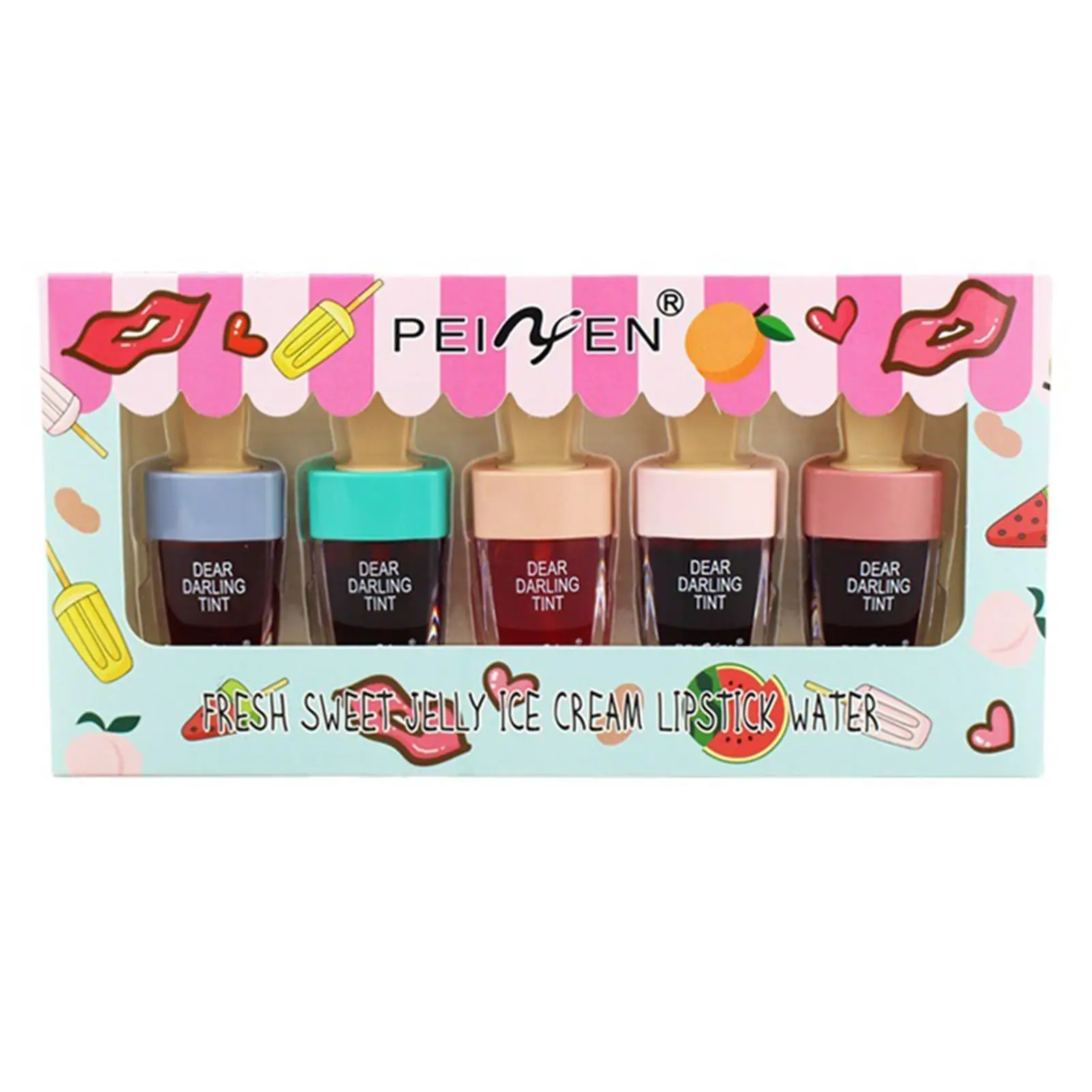 

5 Colors/set Cute Ice Cream Fruit Lip Glaze Waterproof Lipstick Matte Long Lip Mirror Lasting Non-stick Liquid Velvet Cup G T8n1