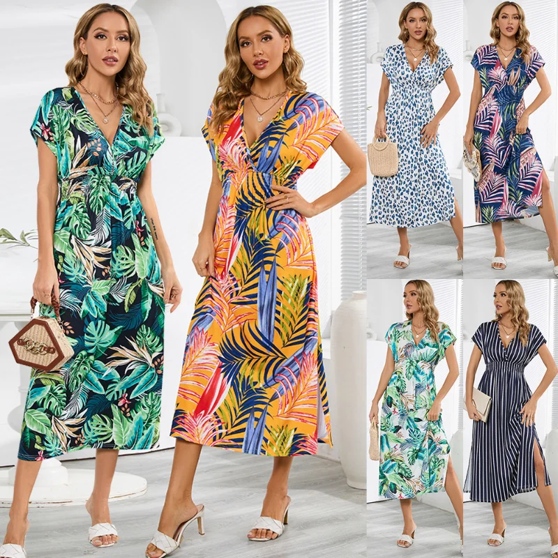 

Fashion Bat Sleeve V-Neck Backless Lace-Up Dress Summer Women's Printed Long Skirt summer dress women