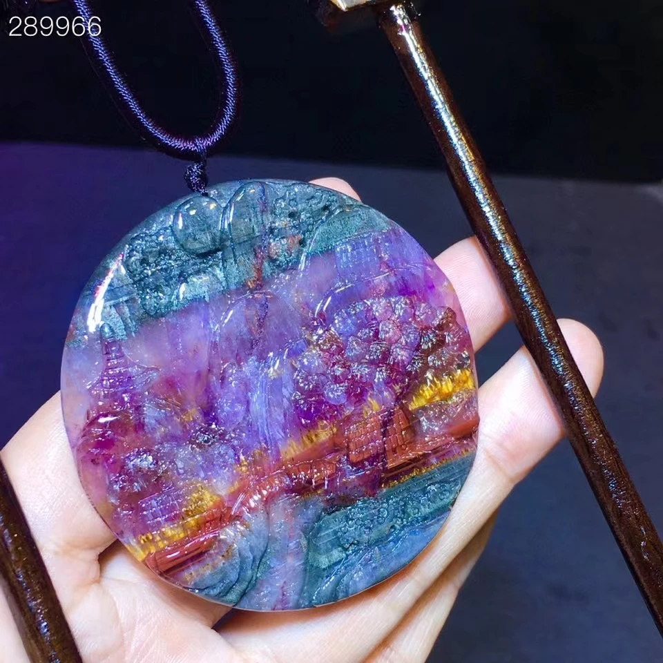 

Natural Cacoxenite Red Auralite 23 Purple Pendant 61/61mm Round Carved Rutilated Bead Women Men Rare AAAAAA