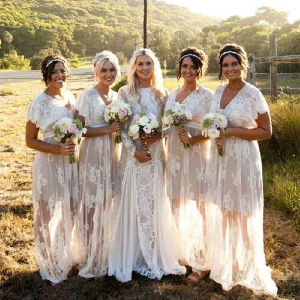 

2022 Платья для подружек невесты, летние женские платья с V-образным вырезом и короткими рукавами, пляжные прозрачные кружевные белые свадебн...