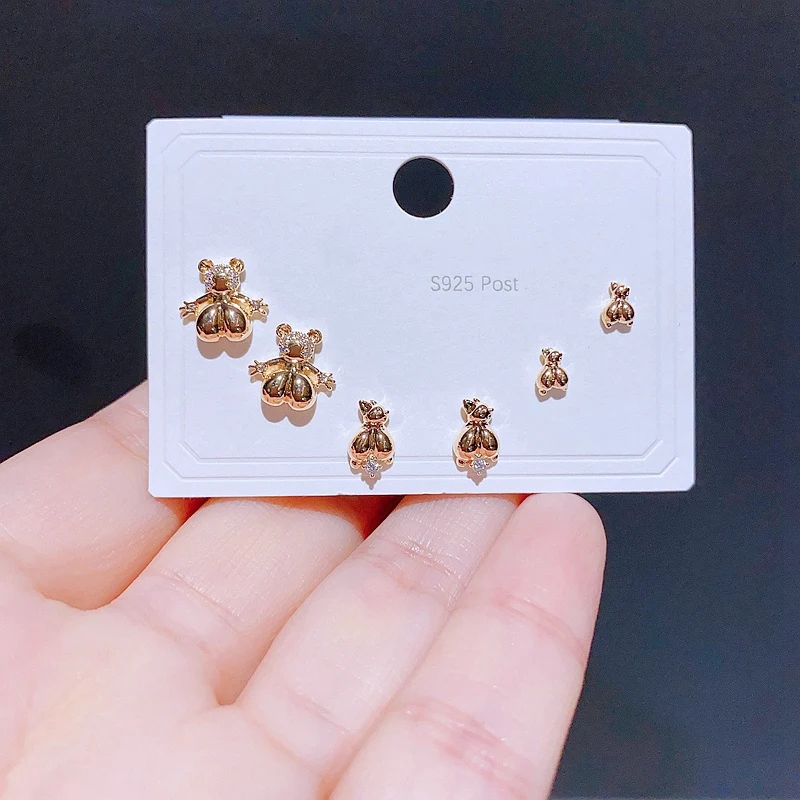 

3 Pairs Cute Cartoon Minnie Mouse Stud Earrings for Women Girls Gold Color CZ Zircon Crystal Jewelry