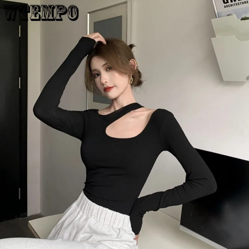 

Black Halter Sexy Top Diagonal Collar Women's Thin Long Sleeve Undershirt Slim Pure Desire Hotsweet Korean Fashion Spring Autumn