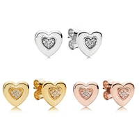authentic 925 sterling silver sparkling signature heart with crystal stud earrings for women wedding gift fashion jewelry