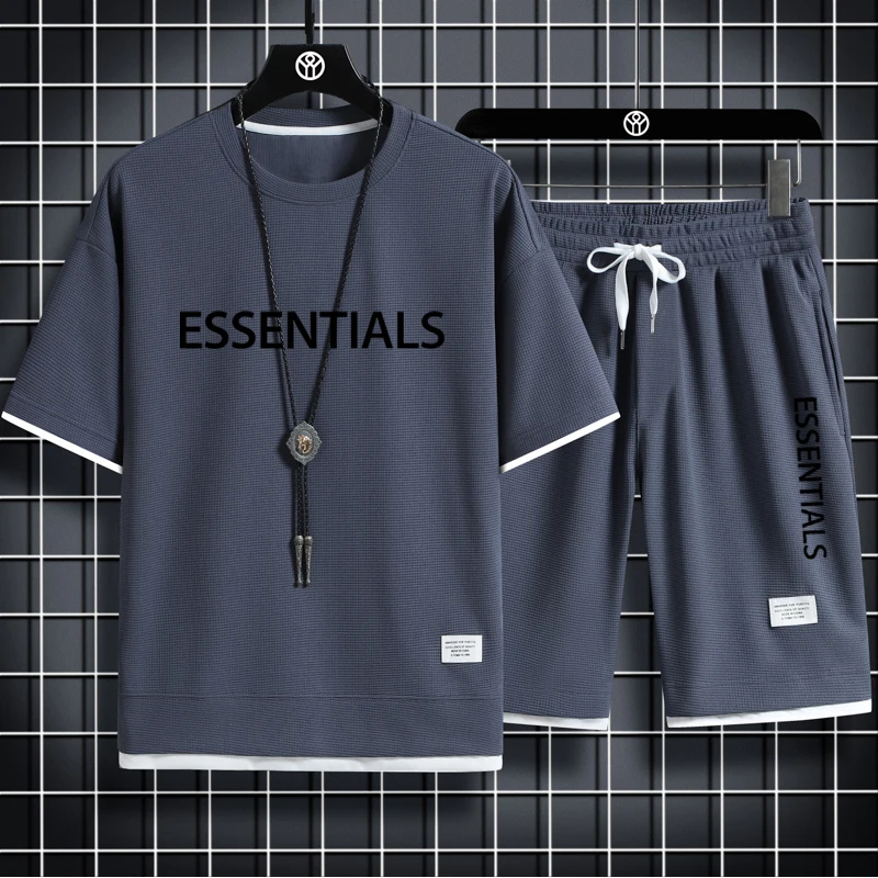 

ESSENTIAL Fashion Letter Printing Men'S Sports Suit Summer Breathable Linen Fabric Casual T-Shirt +Drawstring Shorts 2-Piece Set
