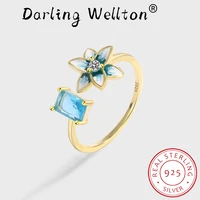 new creative 18k gold enamel flowers original sterling silver couple ring for women baguette sapphire valentines day jewelry