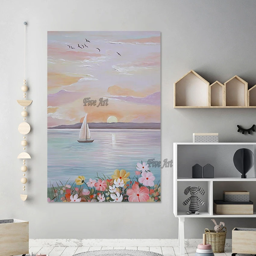 

3D Beautiful Scenery Wall Painting Frameless Artwork Canvas Abstract Flowers Pictures Modern European Art Seascapes With Boats
