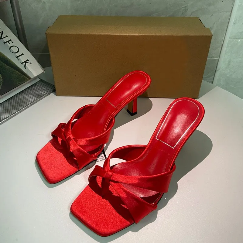 Womens Slippers 2023 Summer Fashion Silk High Heel Sandals Female Squared Toes Slippers Outwear Sexy Ladies Pumps Size 42