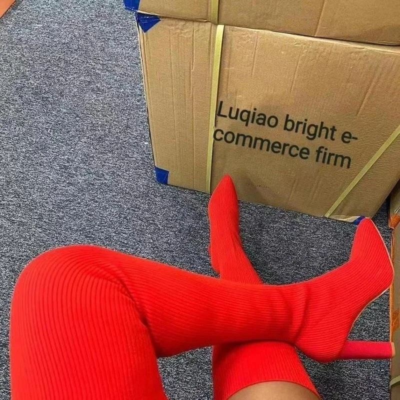Women Thick Sole Boots Autumn Winter Breathable Knitting Sock Upper Women Thigh High Boots Stretch Round Toe Plus Size 36-43