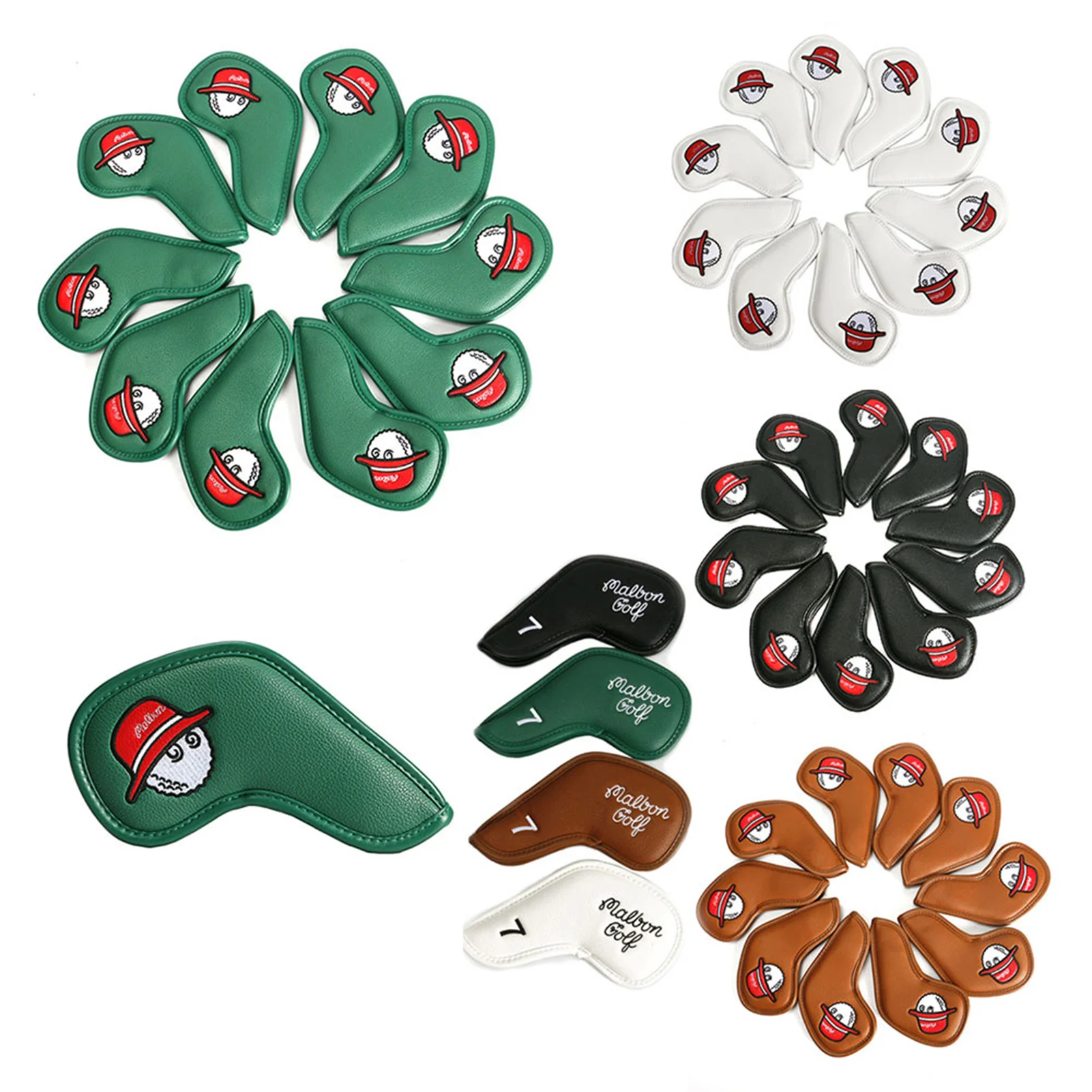 

10Pcs/Set Golf Club Cover Cute Pattern Faux Leather Embroidery Golf Putter Cover Angle Club Headcover Deluxe Golf Iron Headcover