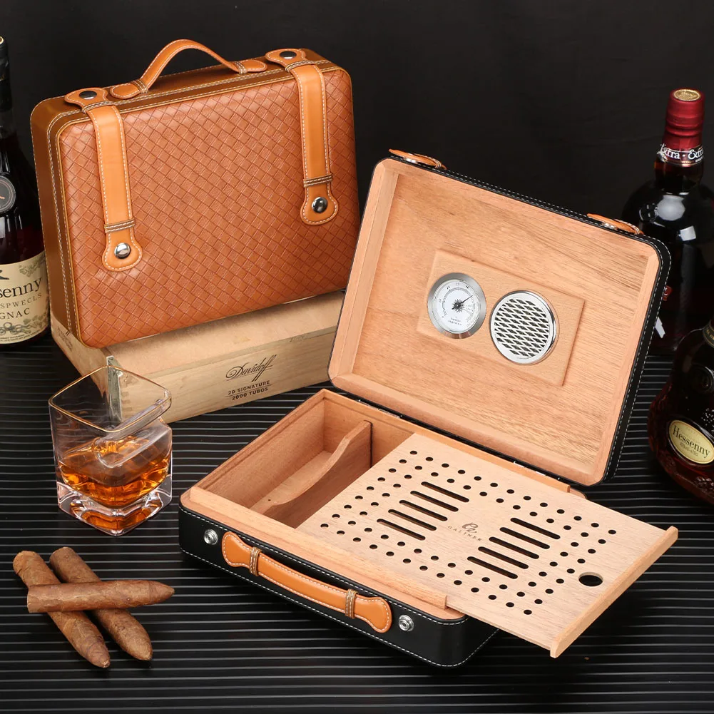 

GALINER Leather Big Humidor Cigar Case Portable Wtih Humidifier Cigar Hygrometer New Cedar Wood Humidor Box Travel