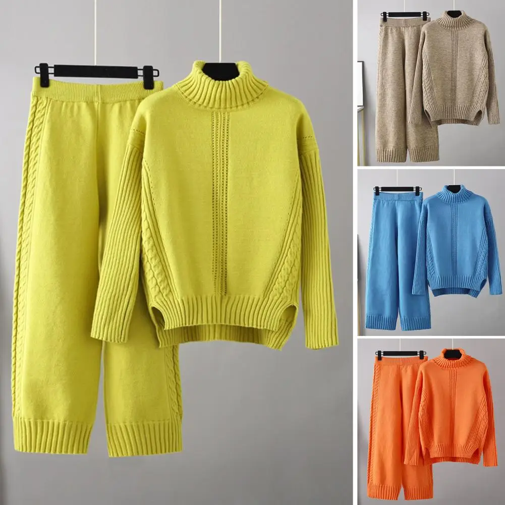

2 Pcs/Set Sweater Pants Suit Solid Color High Collar Elastic Waist Pullover Loose Warm Soft Elastic Autumn Sweater Trouser Set f