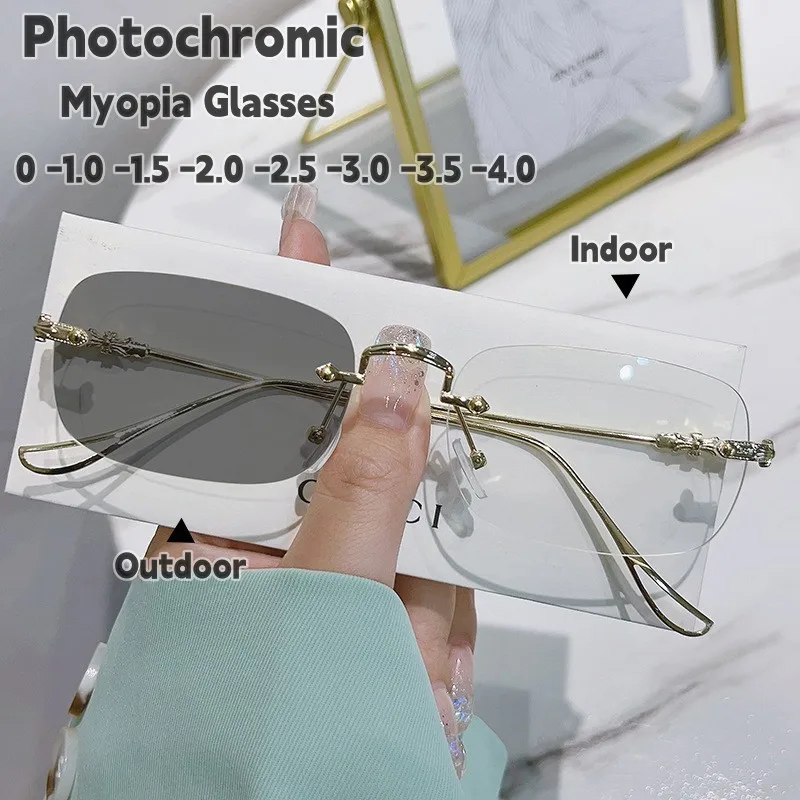 

Stylish Rimless Photochromic Glasses Ladies Luxury Rectangular Transparent Myopia Eyeglasses Men Women Color Changing Eyewear
