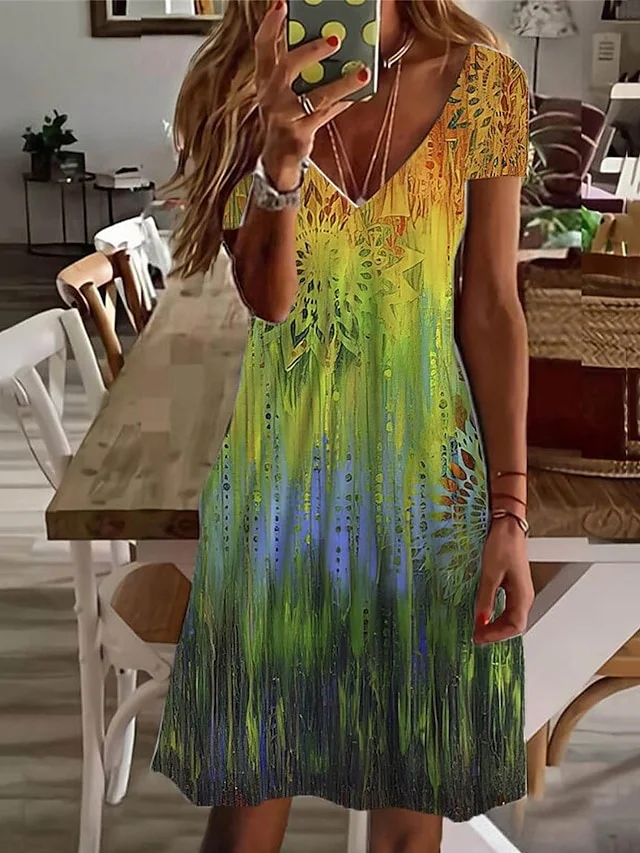 

Женское повседневное летнее Мини-Платье с V-образным вырезом и графическим цветочным принтом, модные уличные повседневные платья с коротким рукавом для активного отдыха