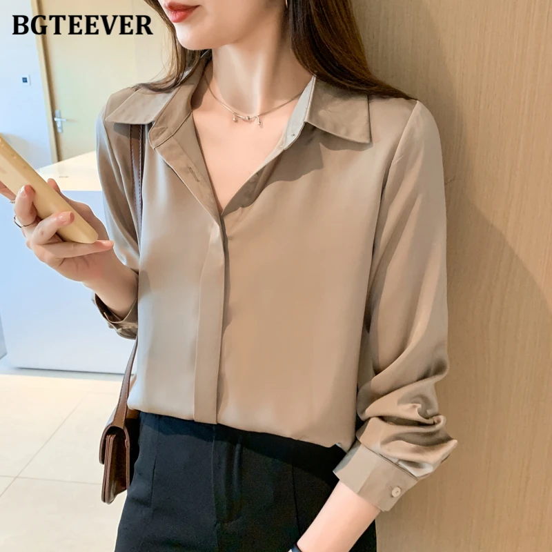 

BGTEEVER Fashion Autumn Loose Single-brasted Female Chiffon Shirts Elegant Long Sleeve Women Solid Shirts Ladies Tops Blusas
