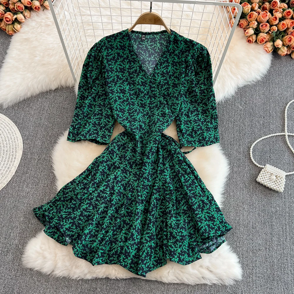 

Fashion French Floral Dress Short Sleeve Spring 2022 New Korean Style Waist Closing Slim A-line Dress