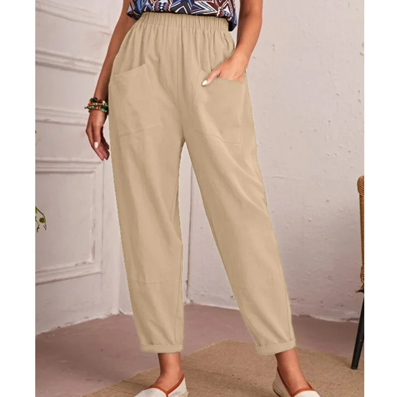 

Summer Casual Cotton and Linen Baggy Cropped Mid-waisted Pants with Pockets Fashion Solid Loose Pants New Pantalon Femme 26266