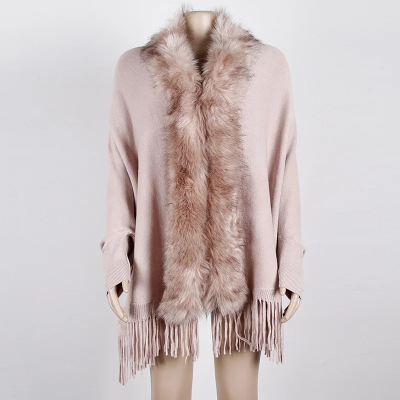 Autumn Winter Imitation Wool Collar Knitting Shawl Imitation Cardigan Shawl Poncho Fashionable Upscale Capes Pink Cloaks
