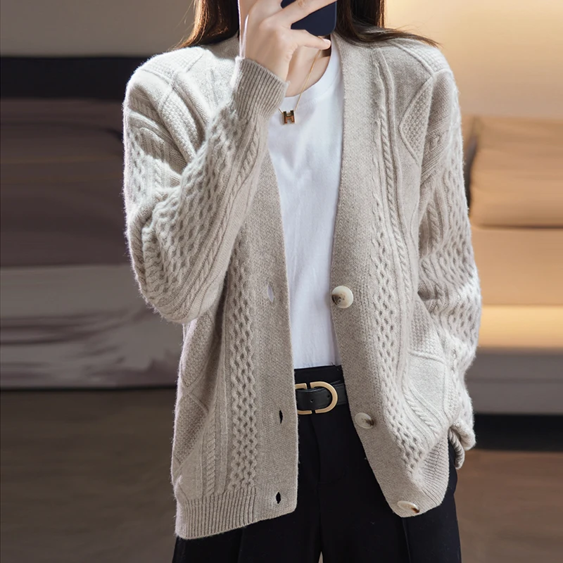 2022 Autumn And Winter New Cashmere Sweater Ladies V-Neck Cardigan 100% Pure Wool Knitted Jacket Loose Solid Color Top All-Match
