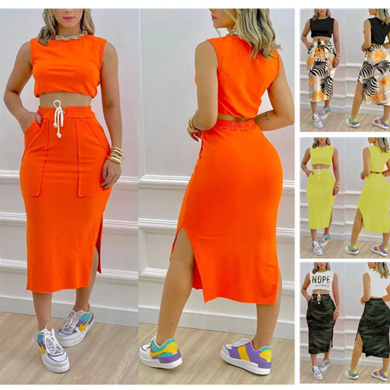 

2022 Summer Women 2pcs SetVintage Round Neck Short Tops + Drawstring Bodycon Skirt Female Two Piece Set New