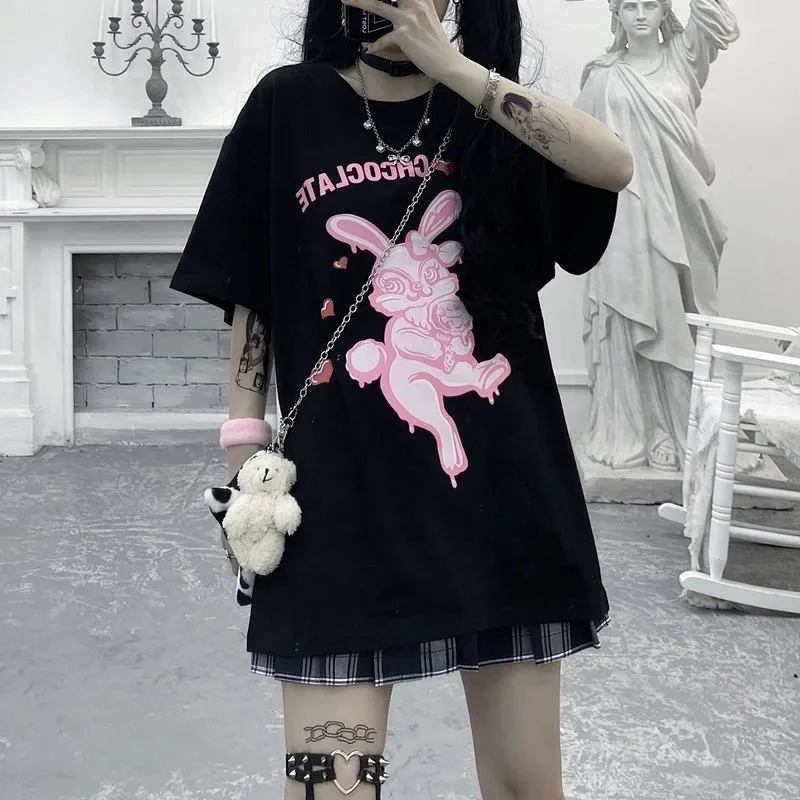 

2023 Summer Vintage Harajuku Girl Tops Punk Cute Rabbit Cartoon Letter Print Oversized Loose Female T-shirt Women Gothic Clothes