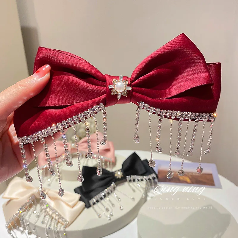 

South Korea Dongdaemun Fashion Personality Pearl Diamond Bowknot Hairpin Tassel Spring Clip Simple Style Hair Ornament