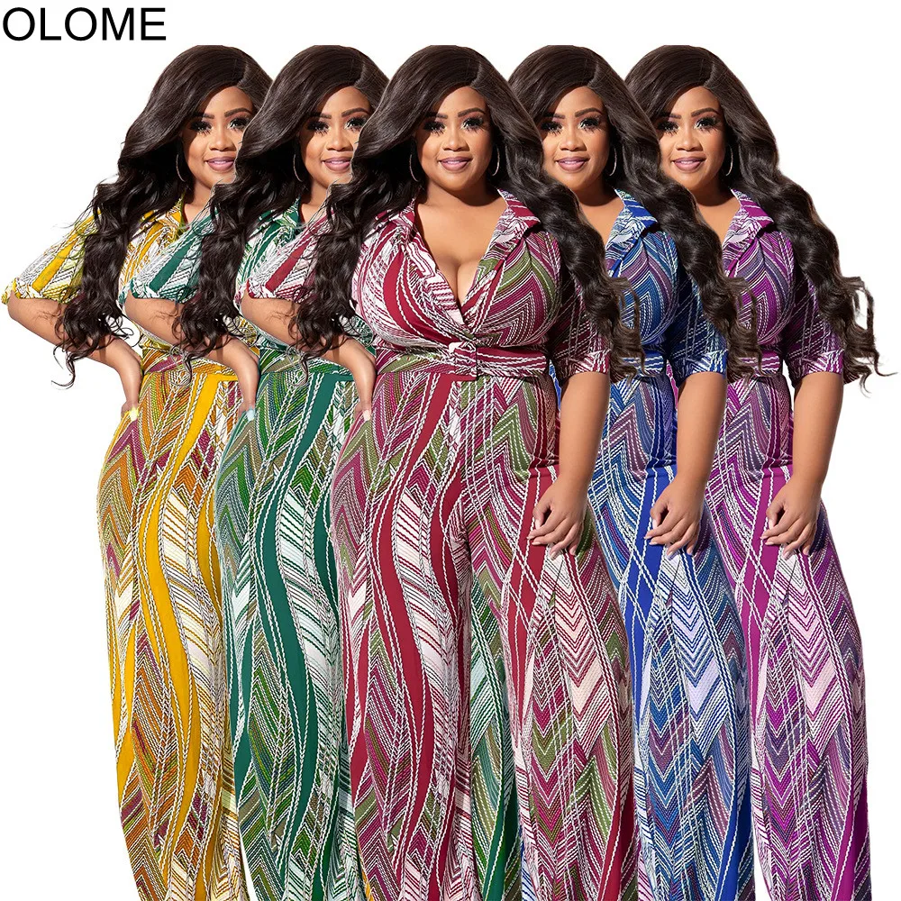

Multicolor Stripes Straight Women Jumpsuit with Belt Autumn Half Sleeves V Neck Belt Sexy Ladies Rompers Big Size Overalls
