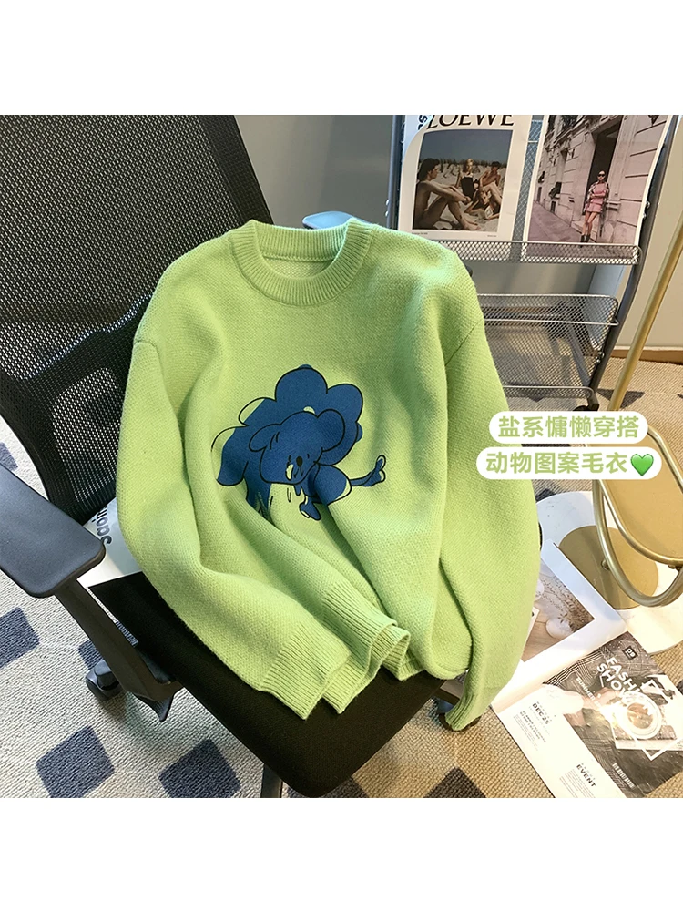 

Green Knitting Sweater Cartoon Printing Round Neck Long Sleeves Casual Korean Fashion Baggy Ladies Tops Autumn Women's Clothing