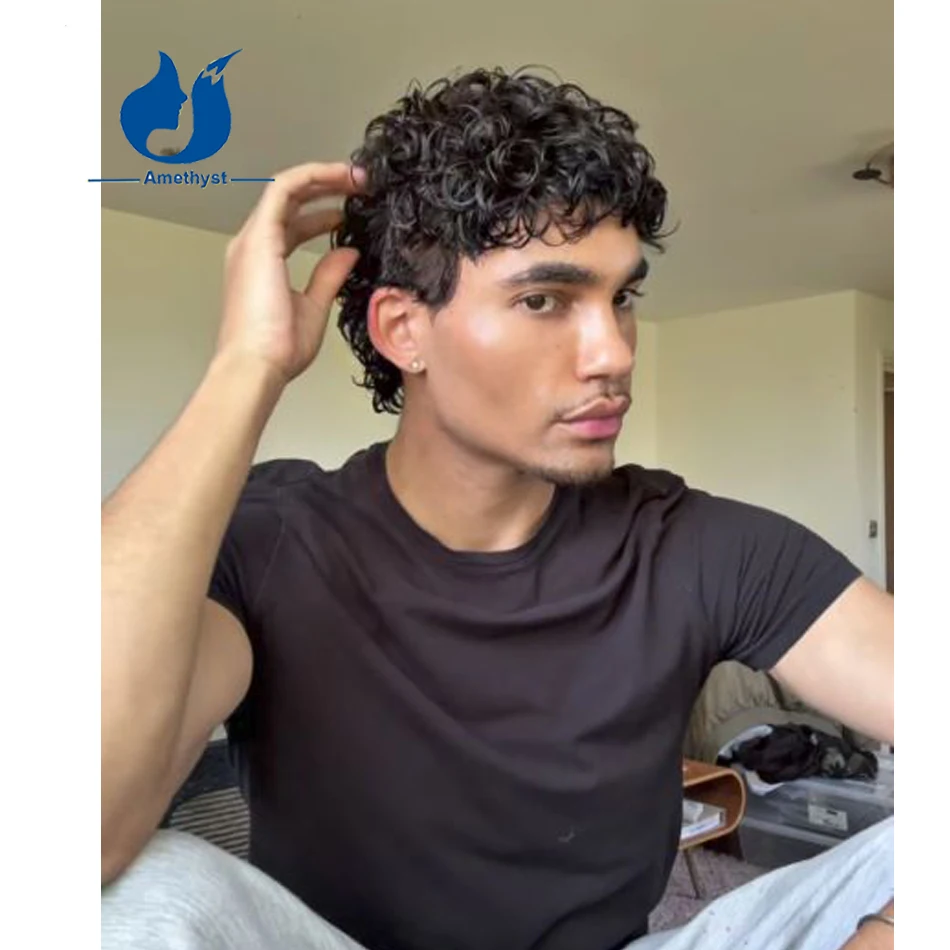 Фото Мужской парик из натуральных волос Amethyst Brazilian Dark Brown Curly Short Cut, предварительно причесанный, с полной кружевной основой, из волос Реми. №4