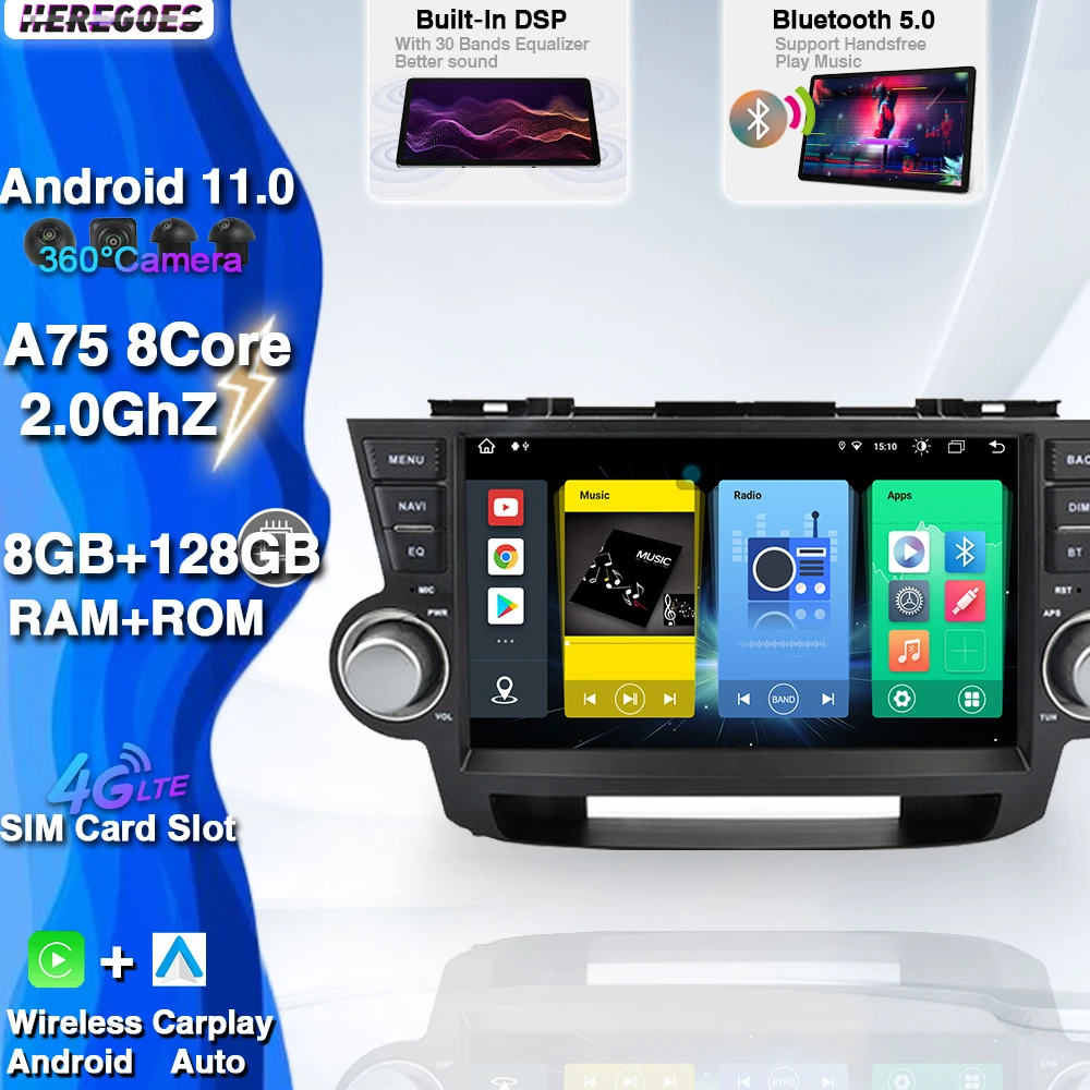 Carplay DSP 2Din Android 11 0 Автомобильный GPS мультимедийный плеер для Toyota Highlander 2 XU40 2007-2013