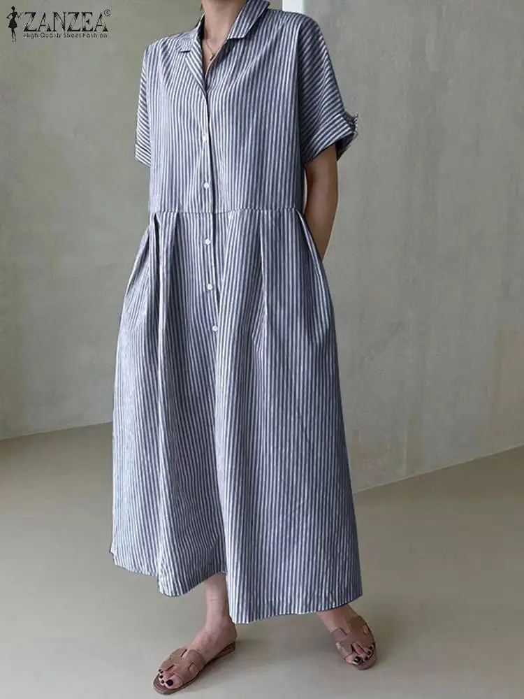 

ZANZEA Casual Single Breast Long Robe Women Shirt Dress Fashion Lapel Collar Sundress 2023 Summer OL Stripe Print Pocket Vestido