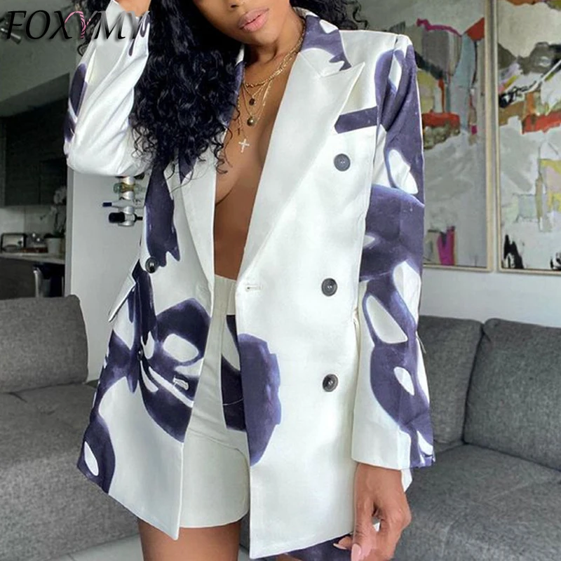 

2022 Summer Print Shorts Suits Woman Double Breasted Blazer And High Waist Shorts Suit Two Piece Set Female Casual Outfit